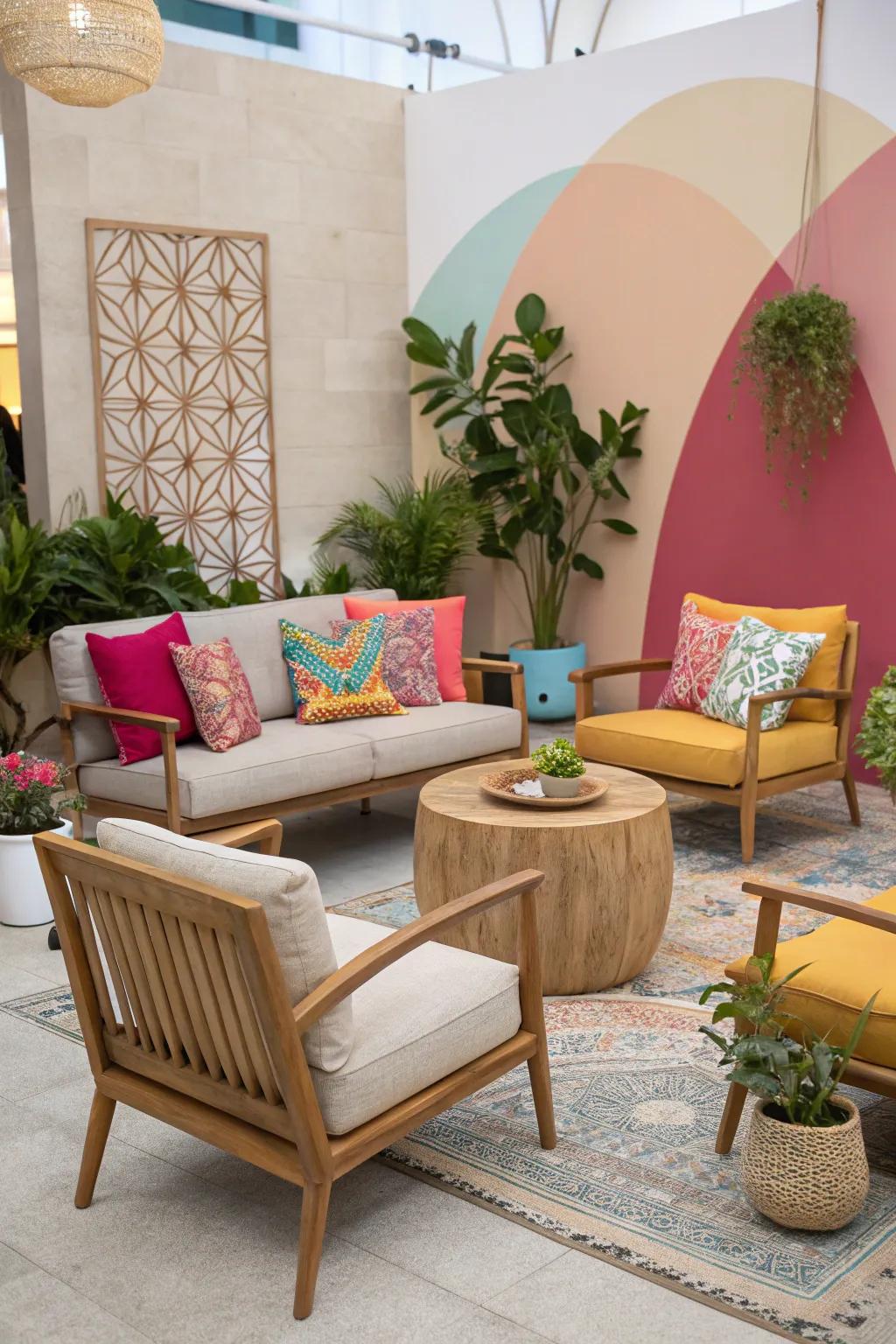 A mix of vivid and neutral colors creates a harmonious boho space.