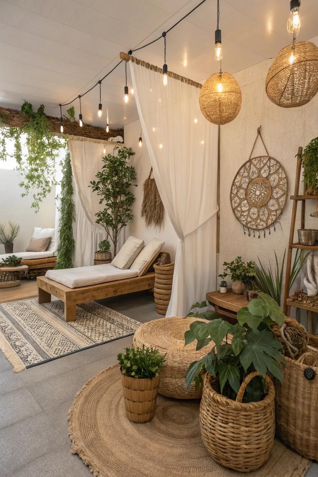 Eco-friendly touches ensure sustainability in your boho spa.