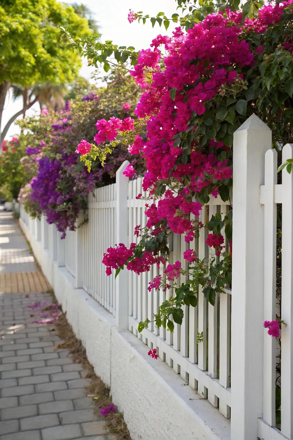 Vibrant bougainvilleas against a white fence make a stunning statement.