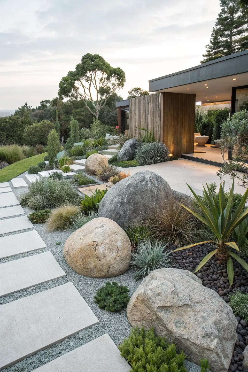 Blend modern style with natural boulders for a chic garden.