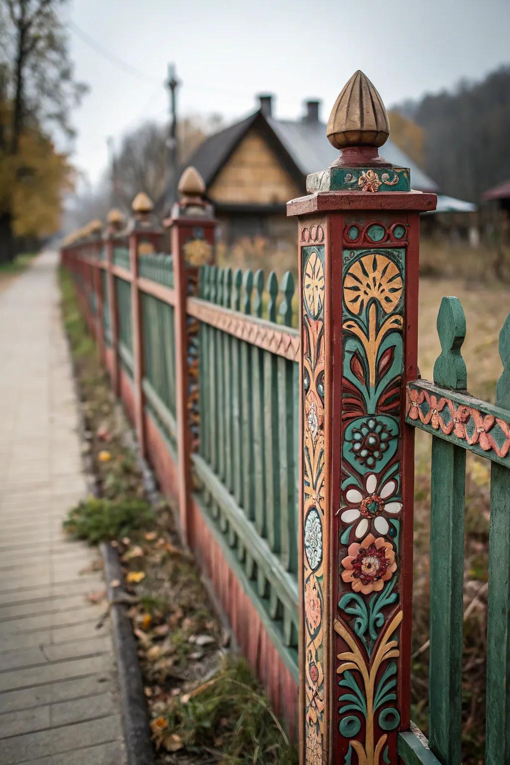 An artistic fence with unique patterns for visual interest.