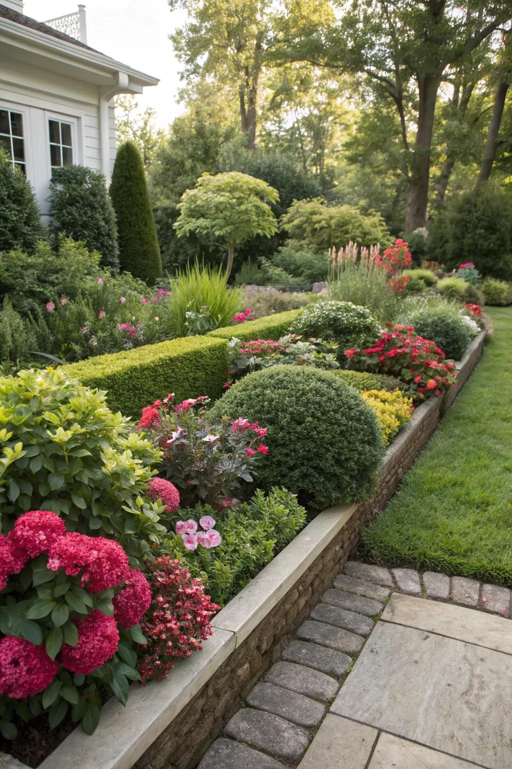 Boxwoods paired with diverse plants for texture contrast.
