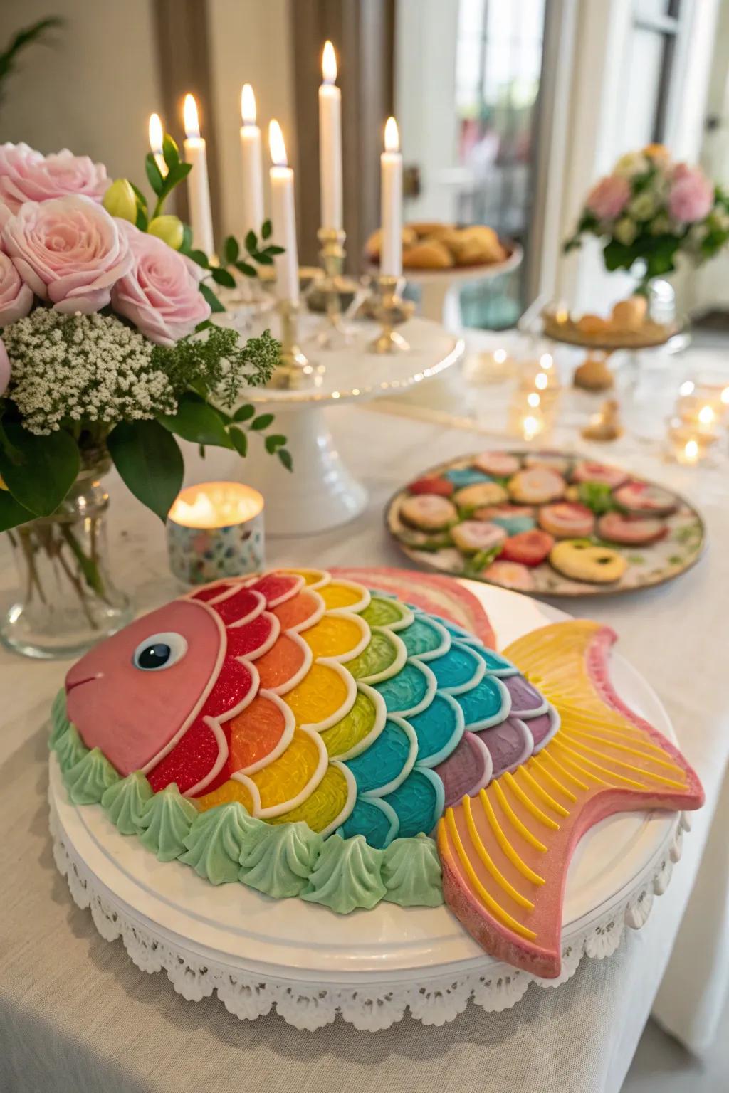 A vibrant fish-shaped cake as the party centerpiece.