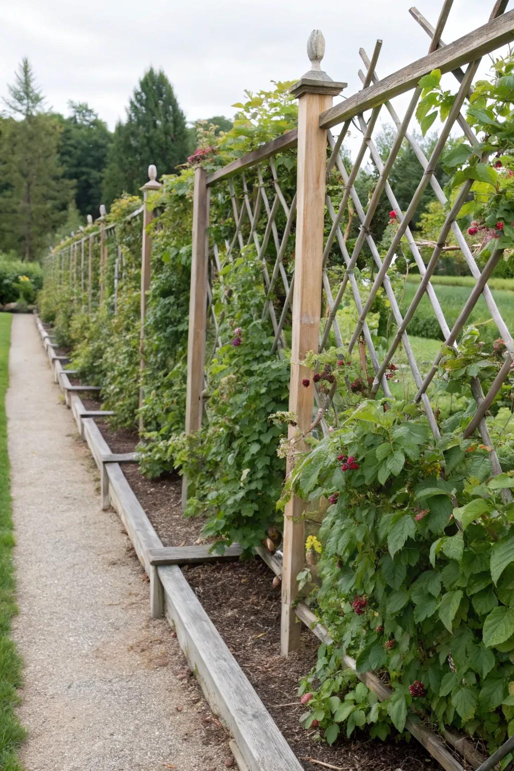 Espalier trellises blend beauty with functionality.