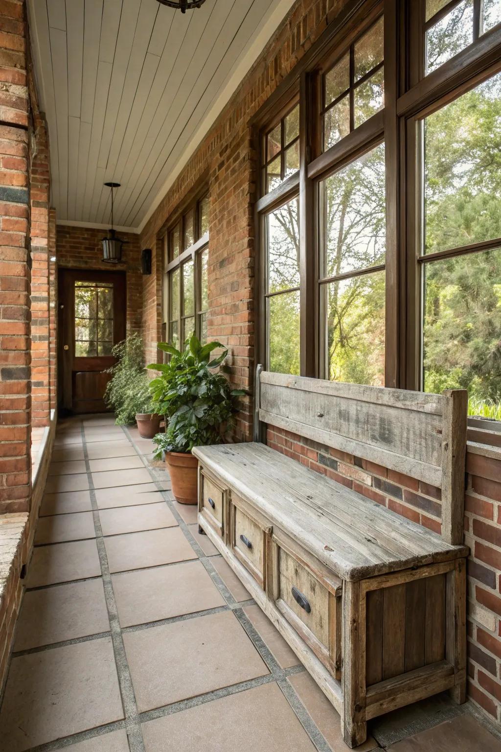 Add charm and practicality with a rustic bench.