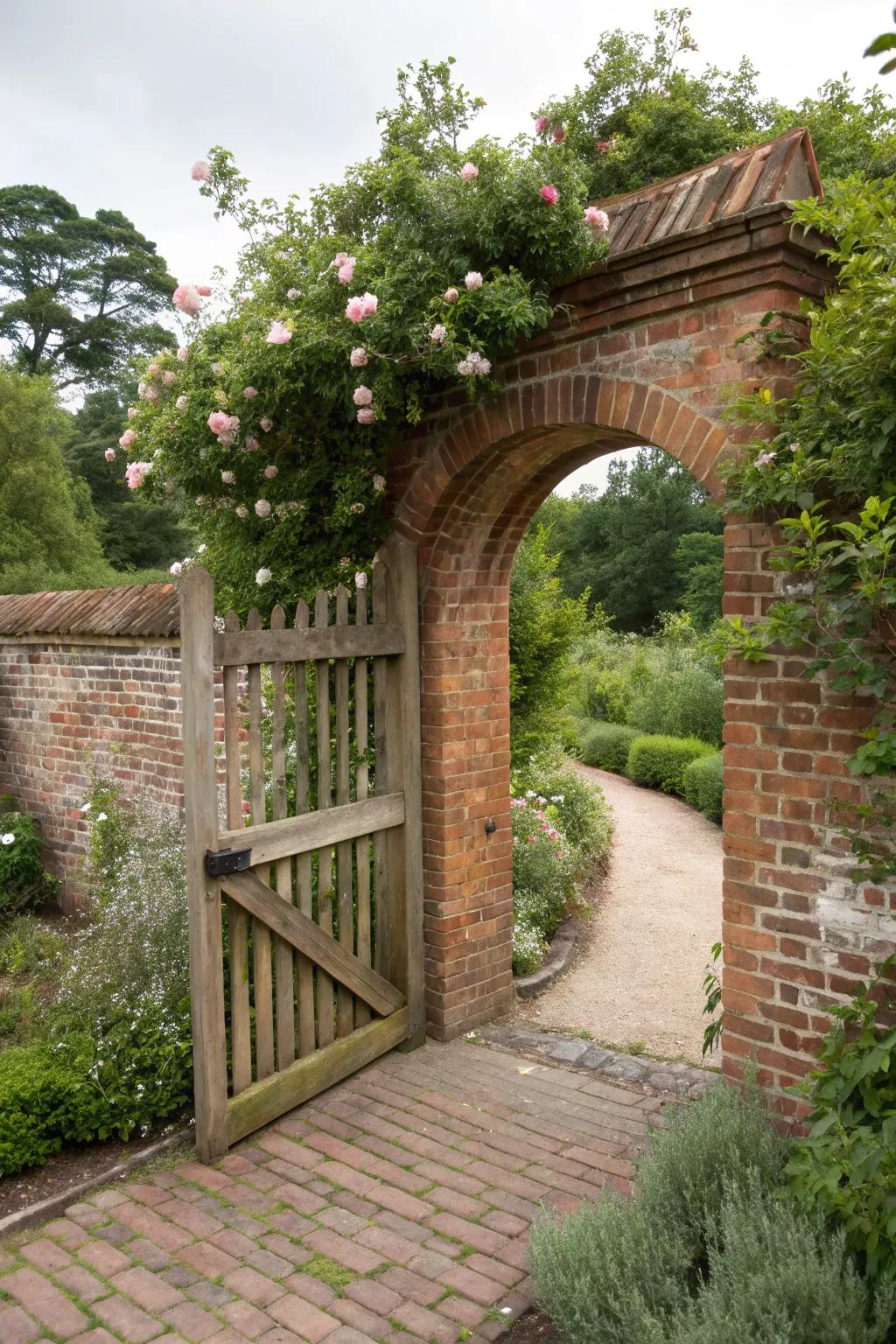 A grand entrance with brick archway and wooden gate