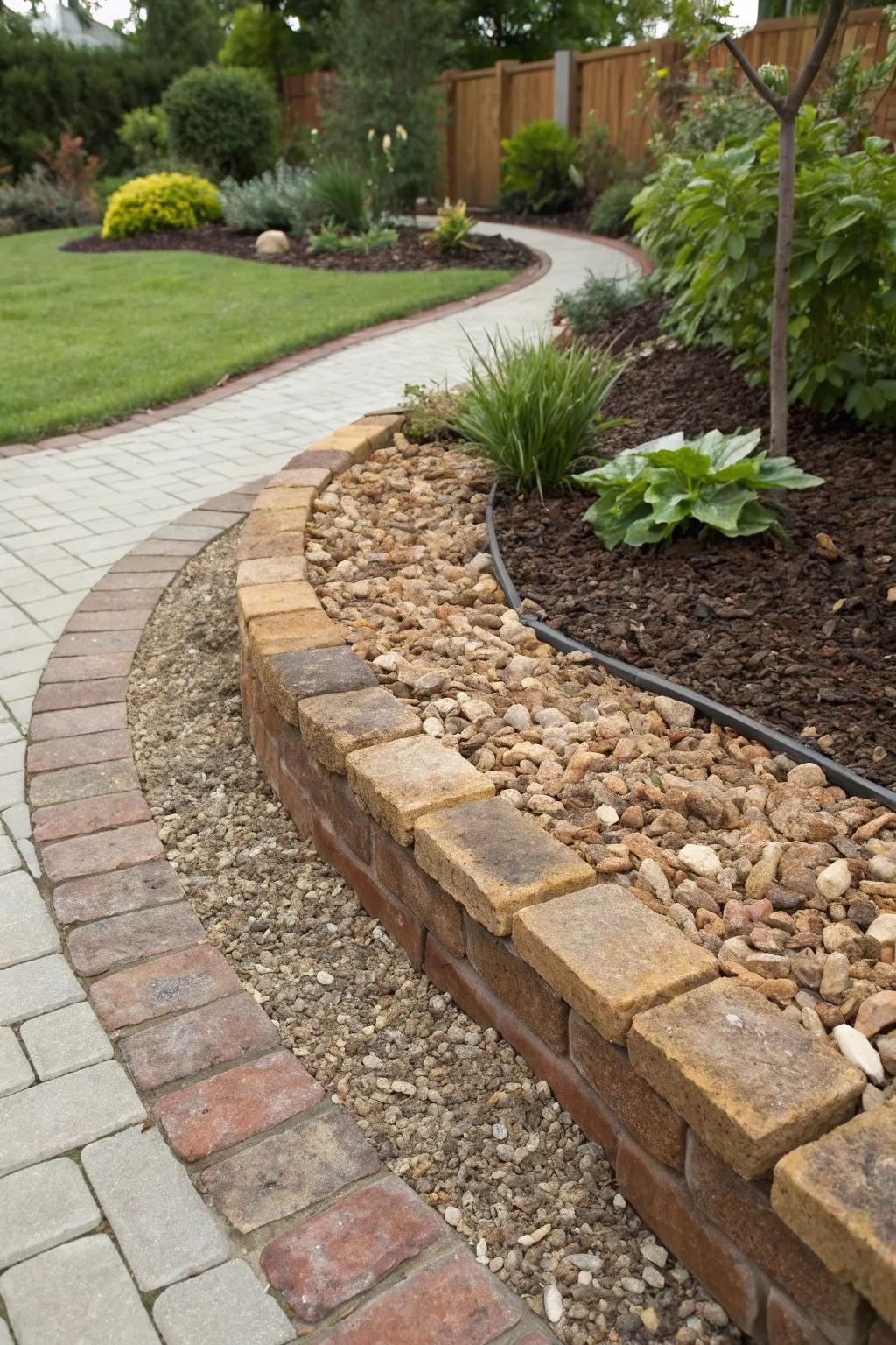 Mixed materials create a dynamic garden landscape.
