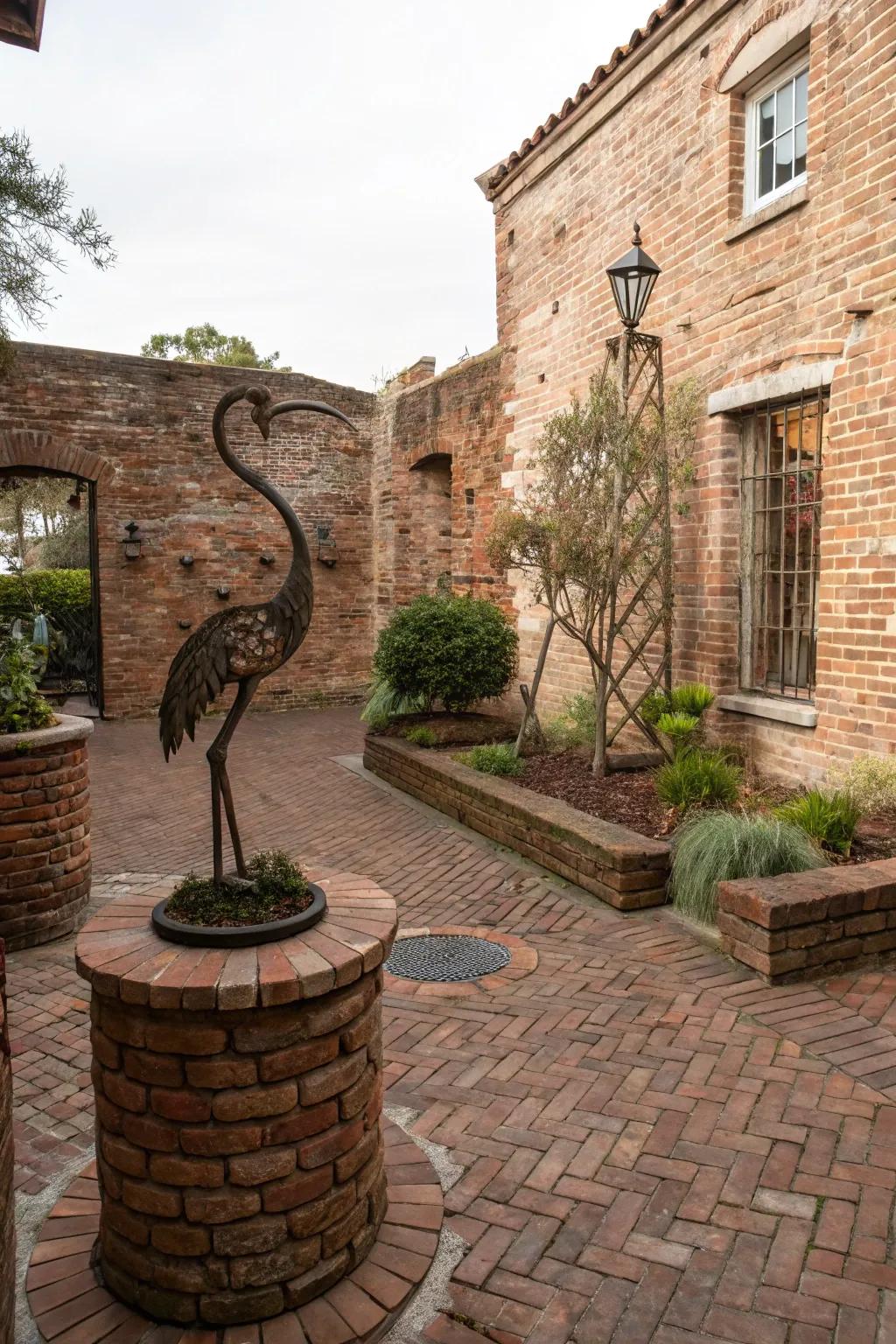 A whimsical sculpture adds artistic flair to the courtyard.
