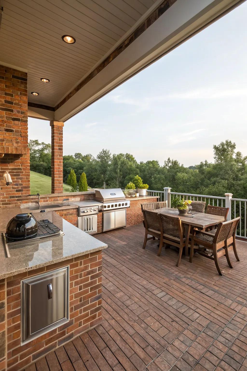 Cook and dine in style with an outdoor kitchen on your brick deck.