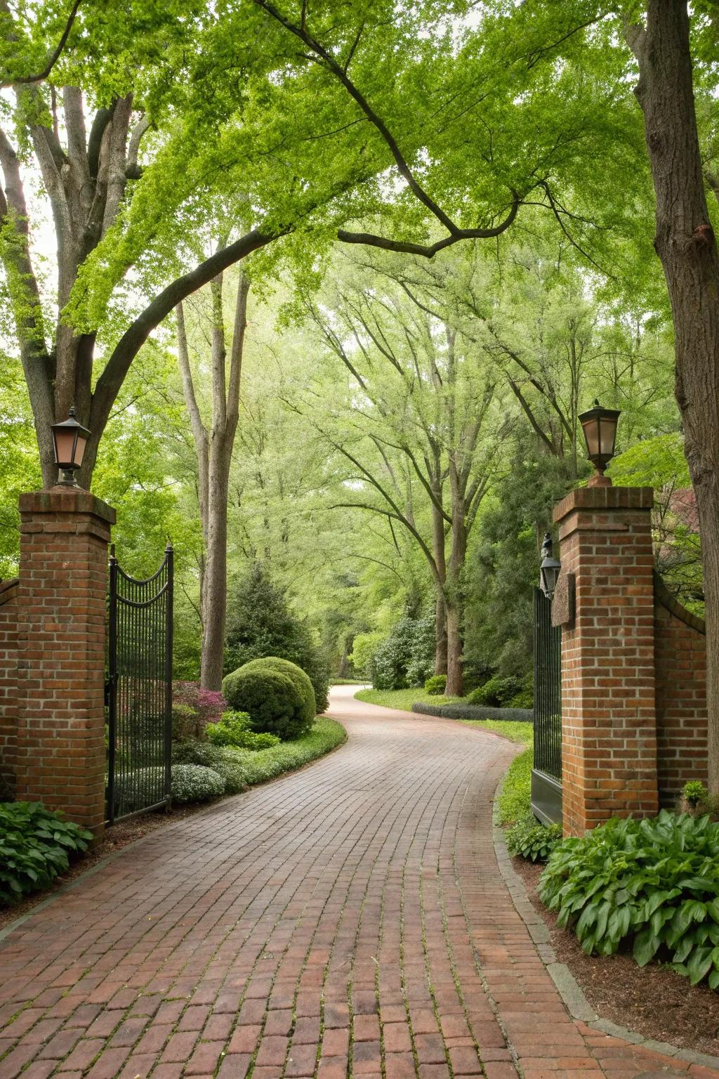 A serene brick driveway enveloped by the beauty of nature.