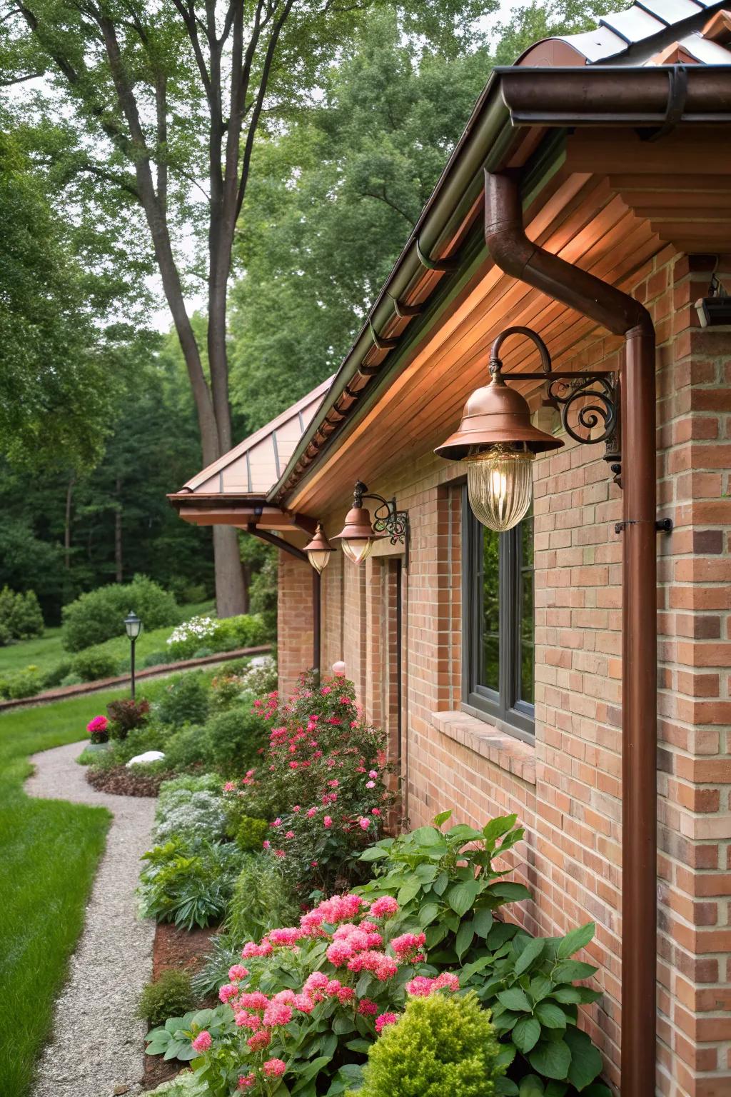 Copper accents add elegance and warmth to brick exteriors.