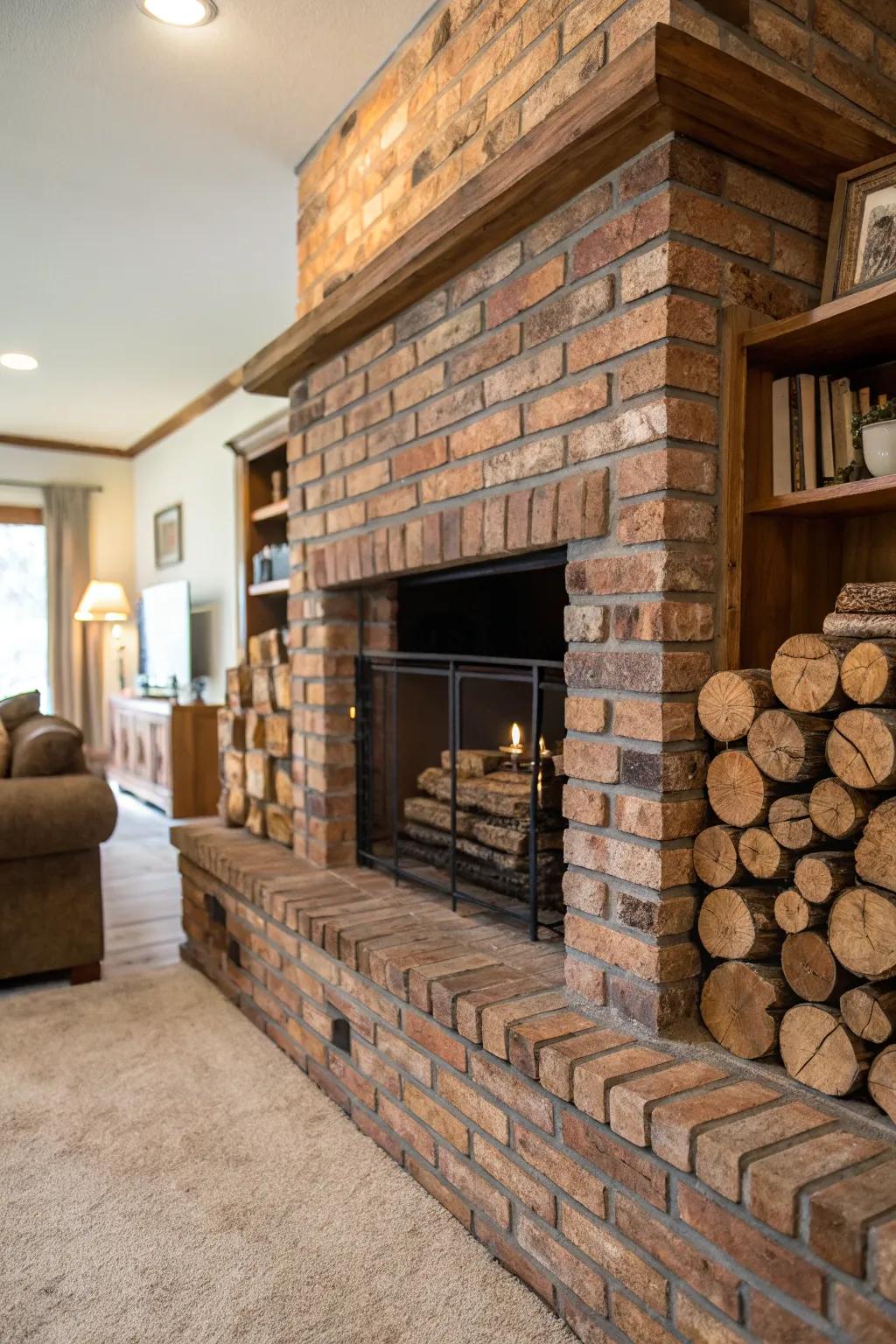 A fireplace with built-in wood storage keeps logs handy and tidy.