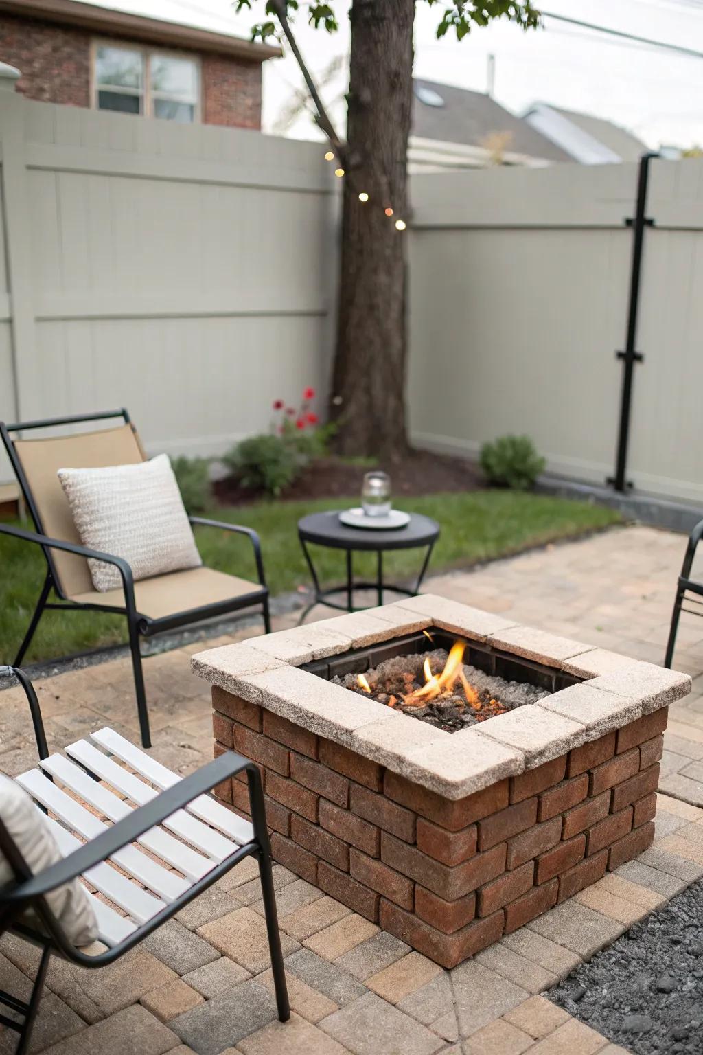 A square fire pit adds a modern flair to small spaces.