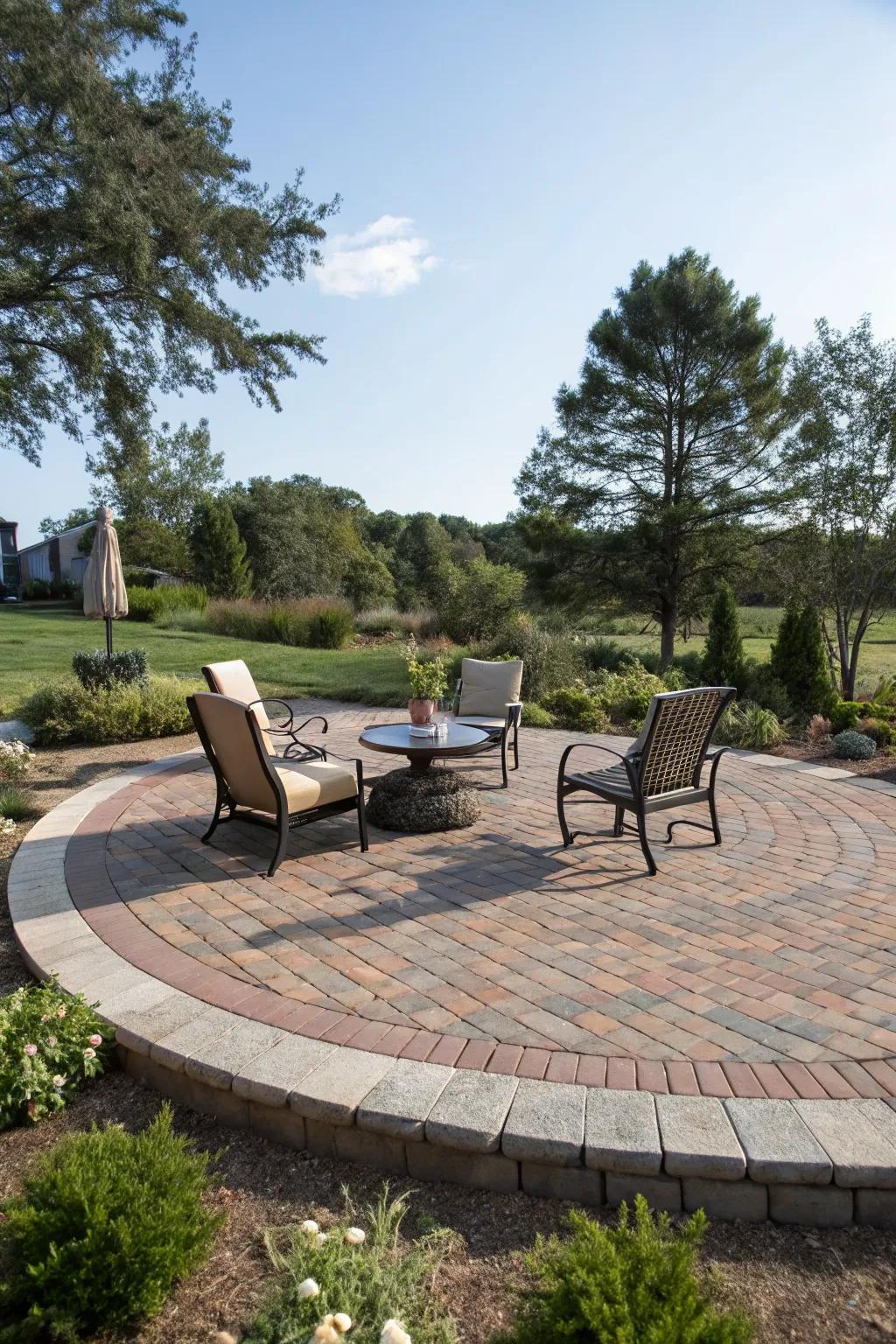 Inviting circular seating with brick pavers.