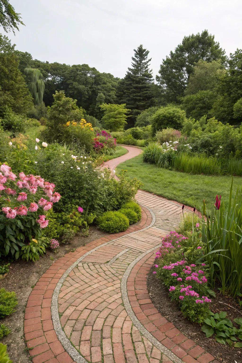 A whimsical garden path showcasing a fan brick paver pattern.