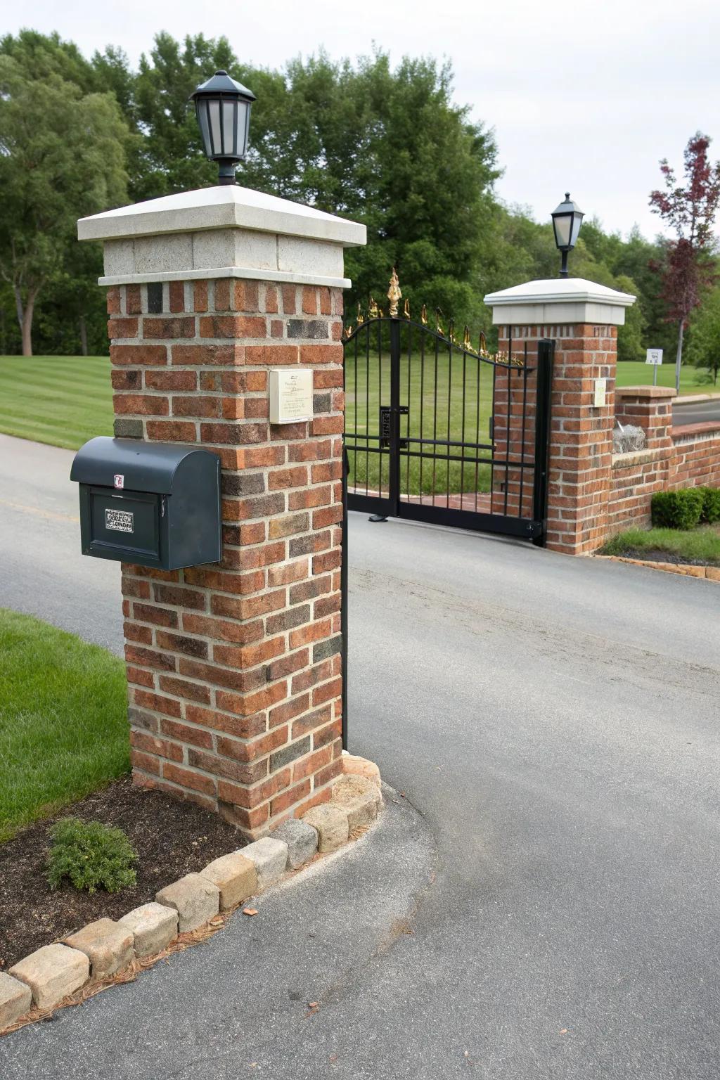 Brick pillar serving as a base for a stylish mailbox.