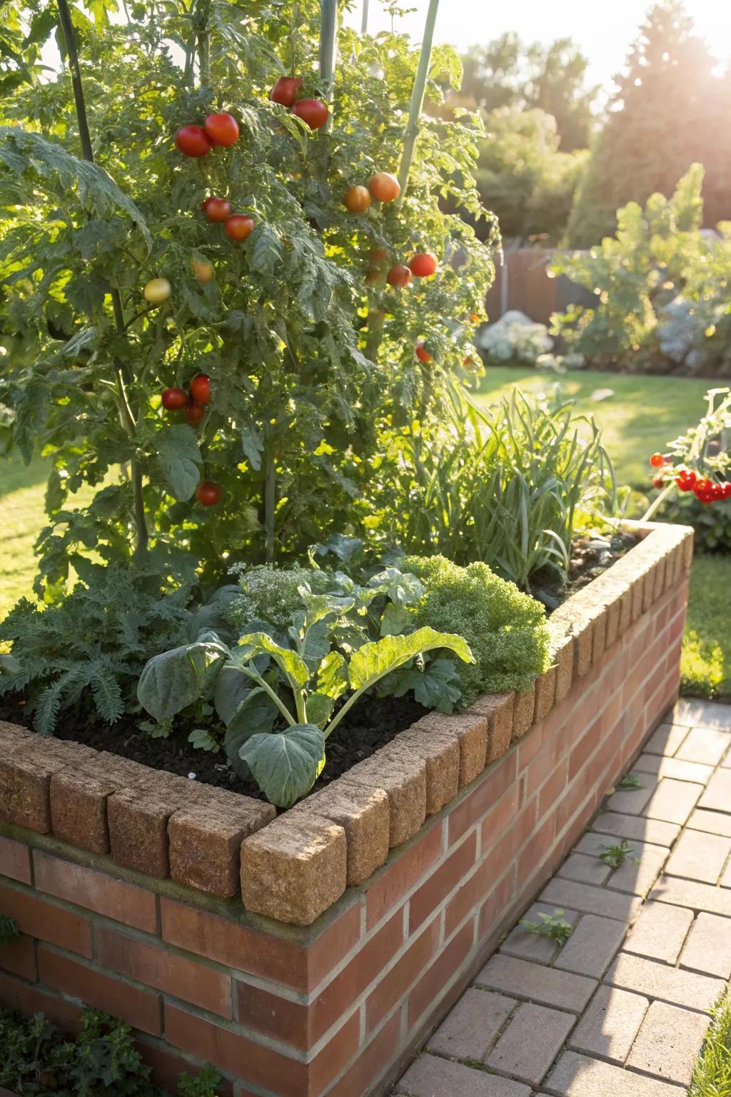 A productive vegetable garden thriving in a brick planter.