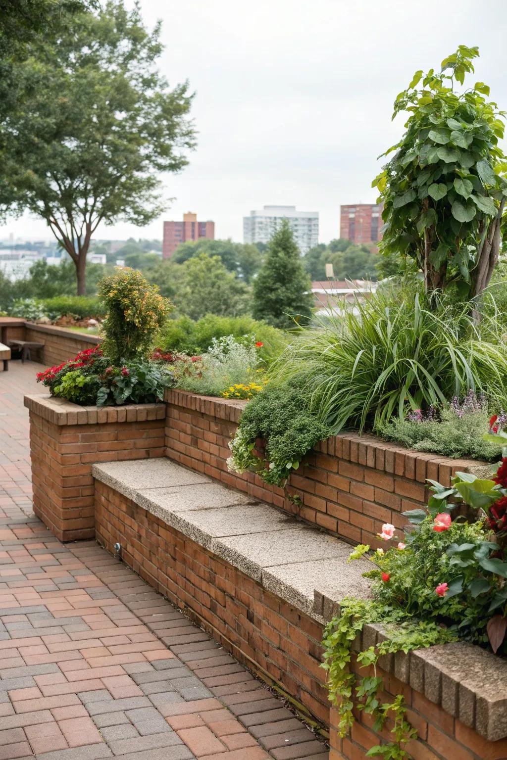 A brick planter wall with integrated seating, perfect for relaxation.