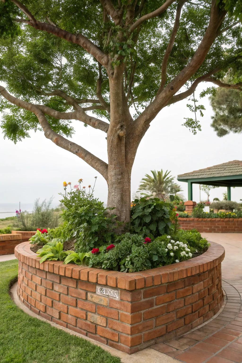 A raised brick planter adds dimension and planting opportunities.