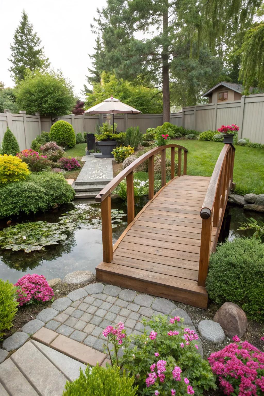 A functional bridge walkway connects garden zones.