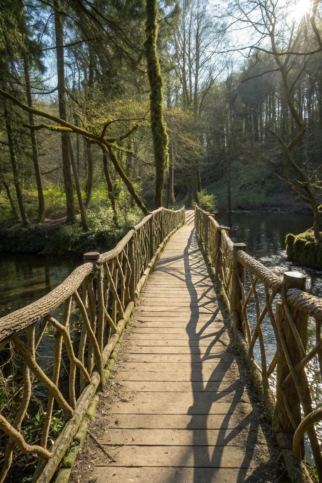 Woven branch railings add a rustic touch to a woodland bridge.