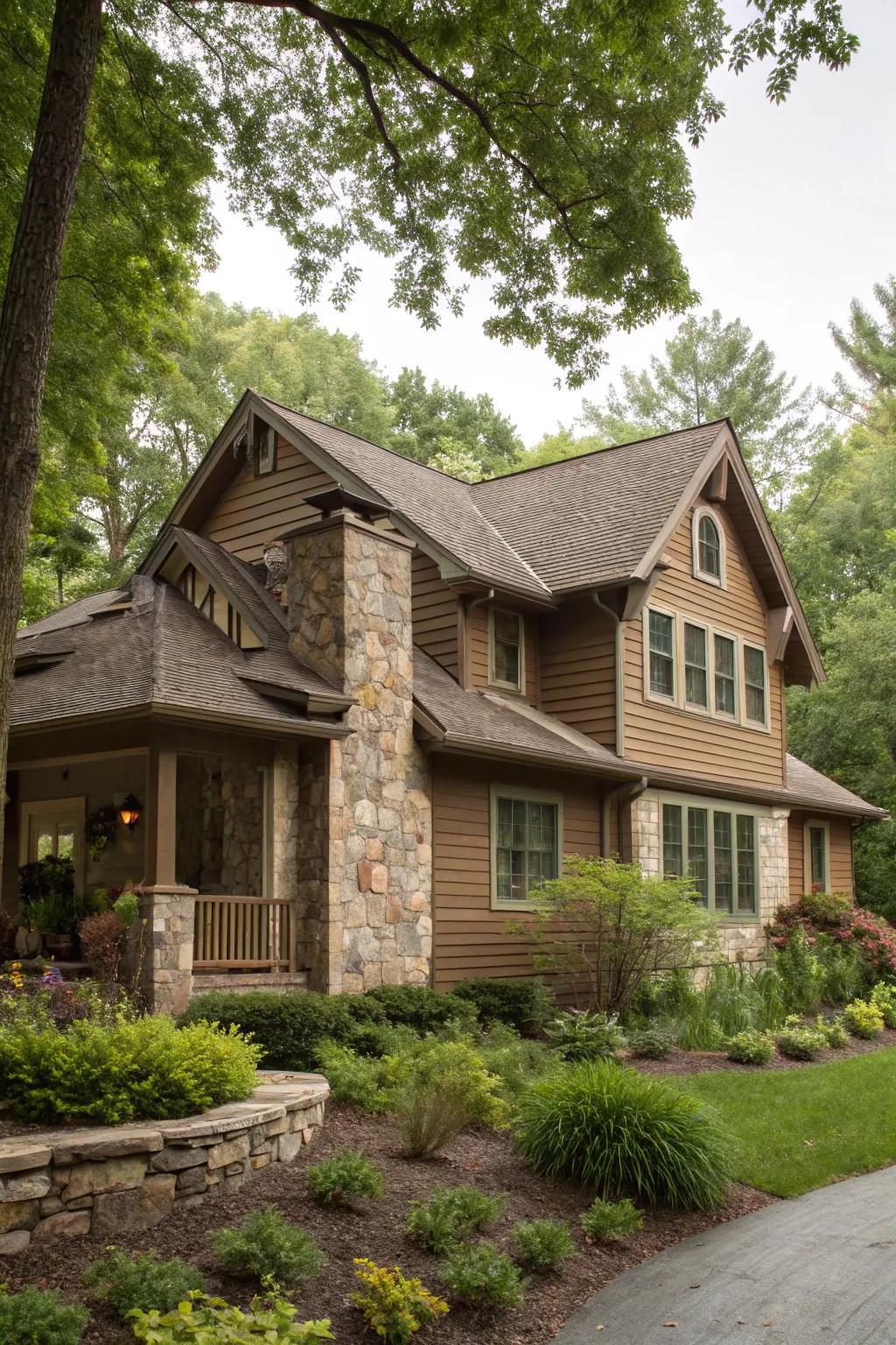 Stone accents add texture and natural beauty to a brown exterior.