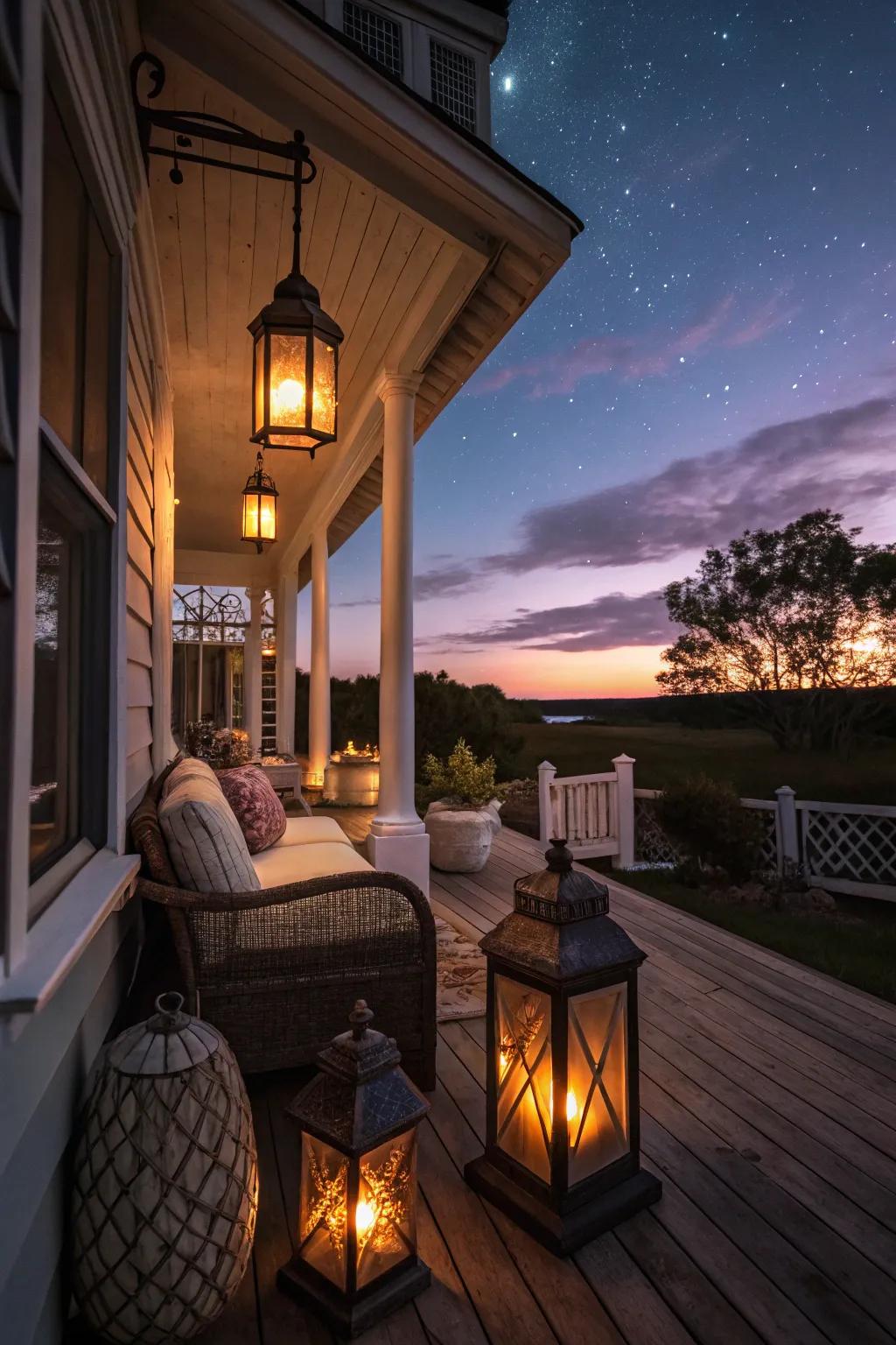 Vintage lanterns create a warm glow on this porch.