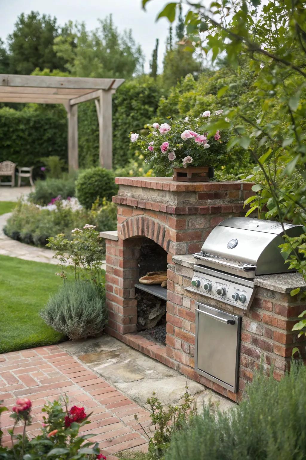 Brick surrounds add warmth and charm to your grilling area.