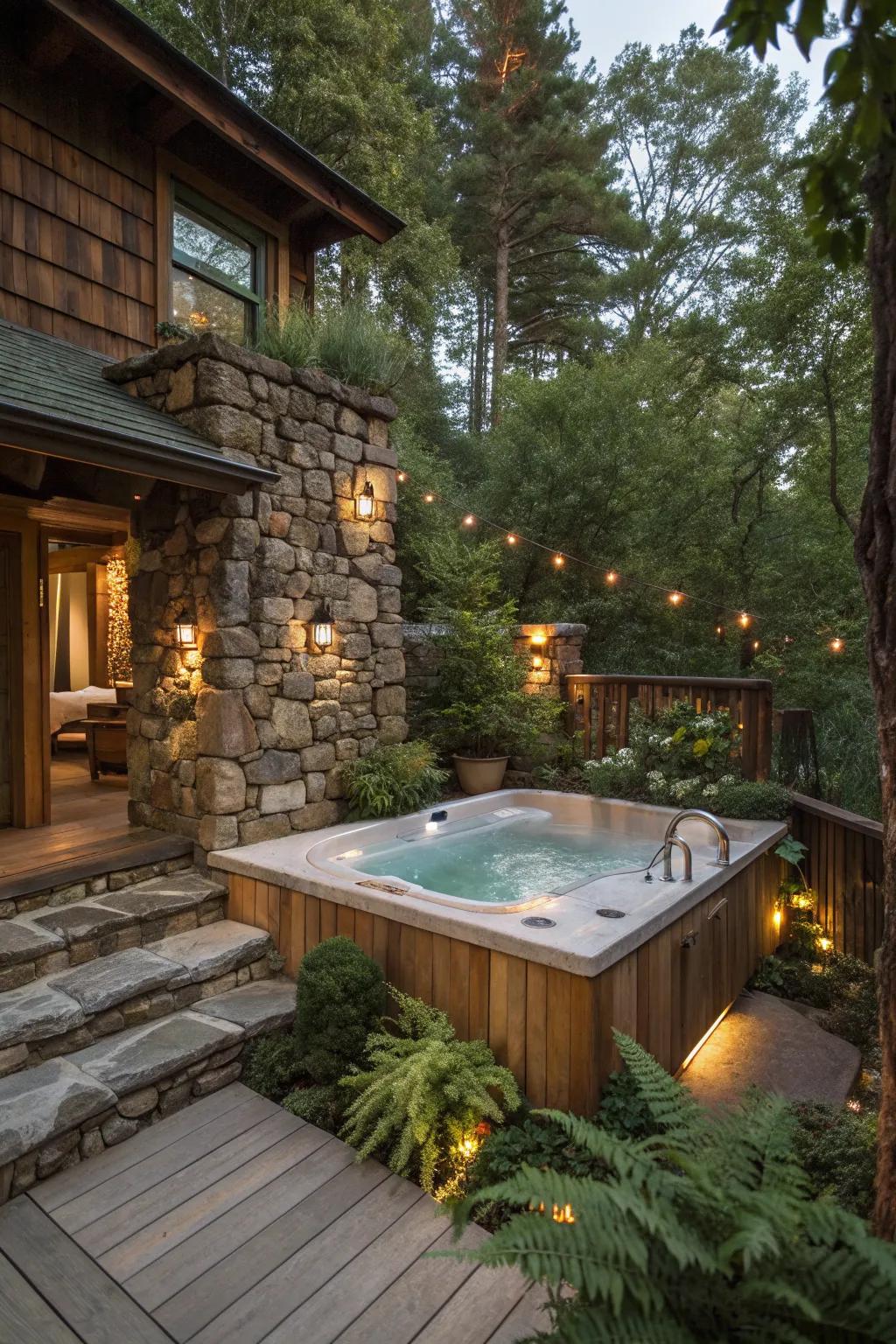 Rustic stone surrounds for a natural, elegant hot tub setting.