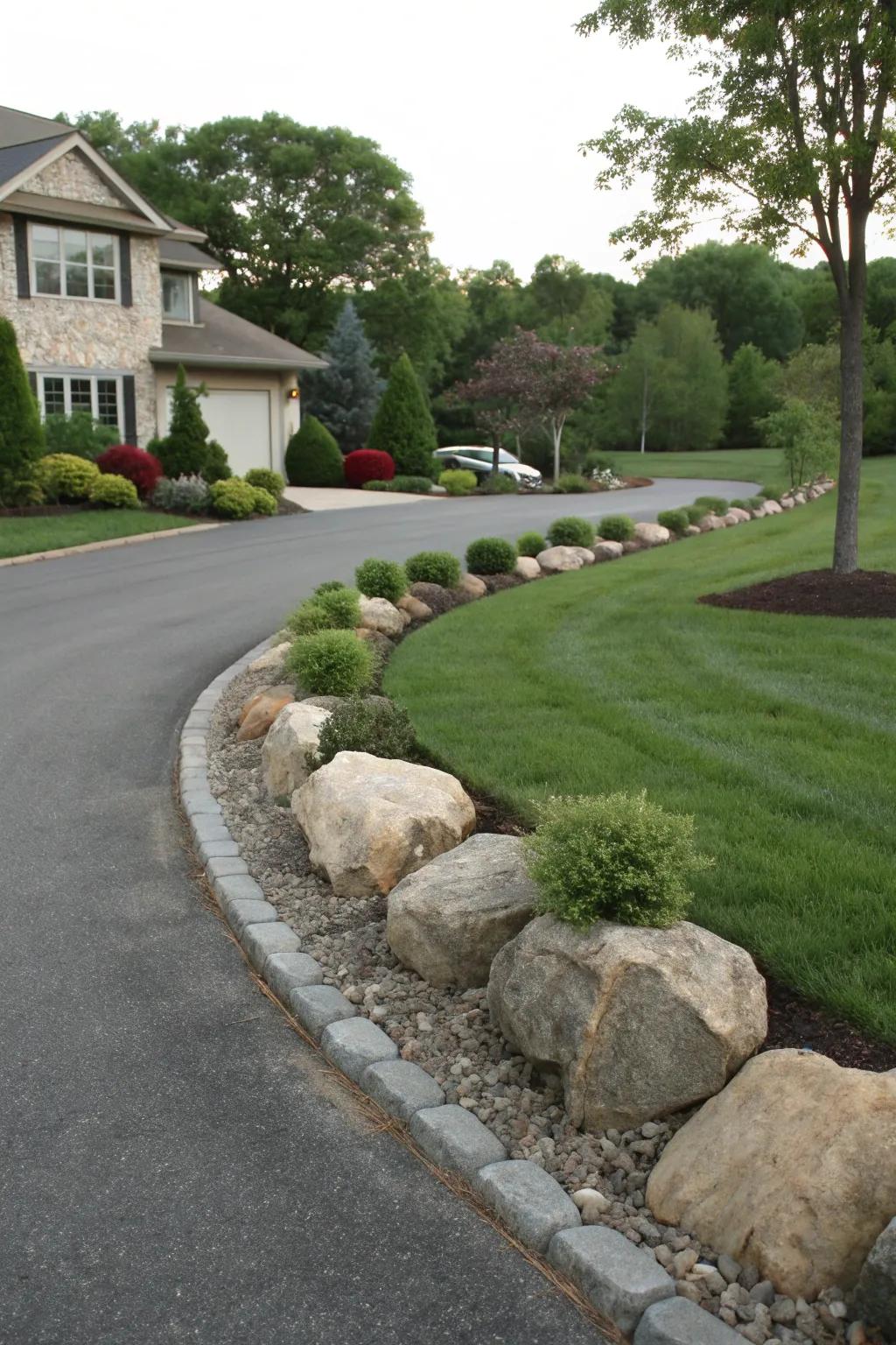 Driveway edges enhanced with bull rocks, offering a seamless landscape transition.