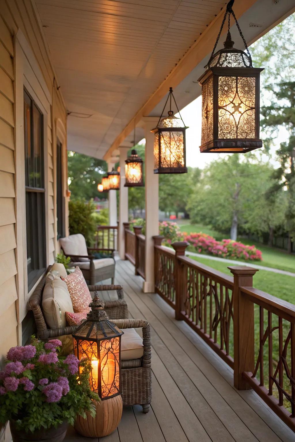 Decorative lanterns provide a cozy and inviting glow on the porch.