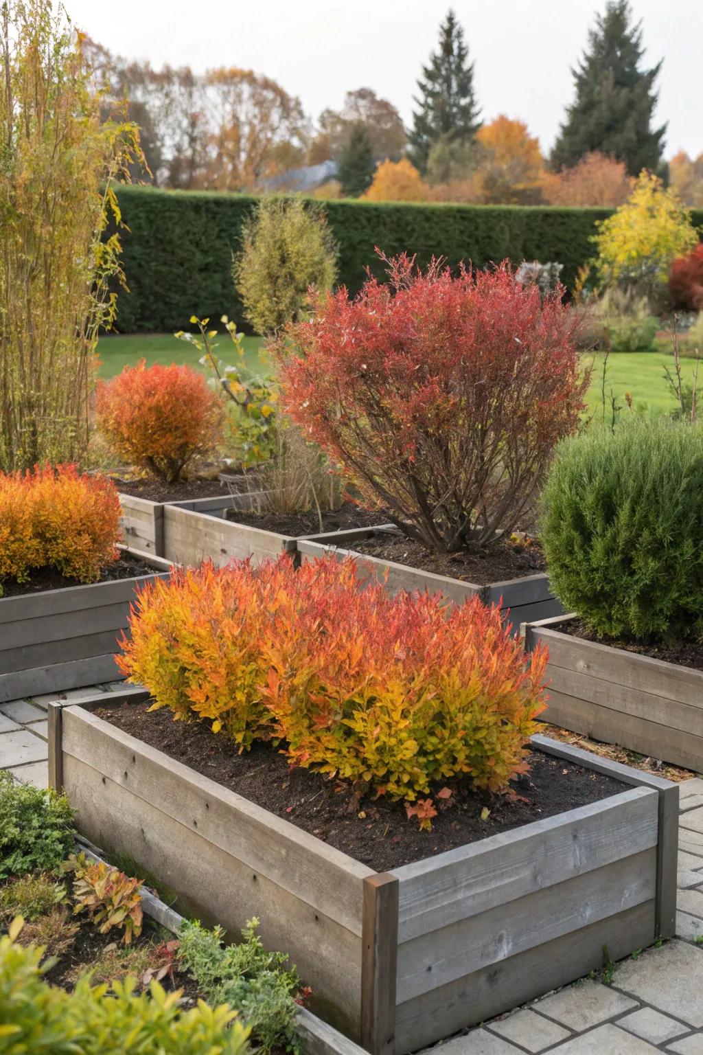 Raised beds elevate burning bushes for added visual impact.