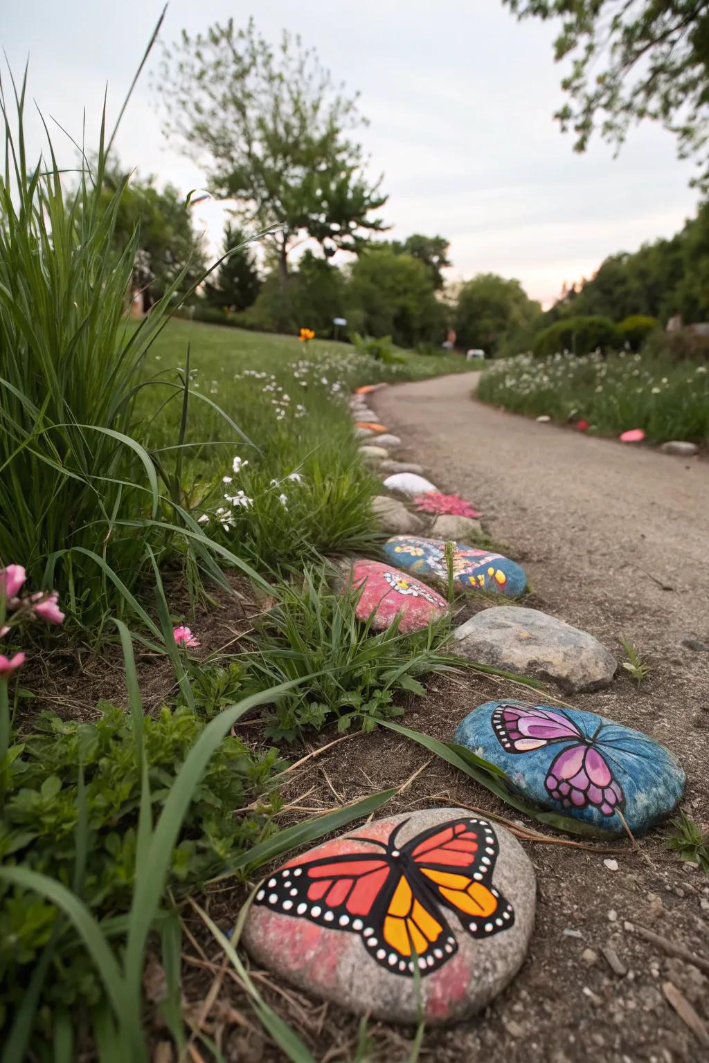 Add creative flair with painted butterfly rocks.