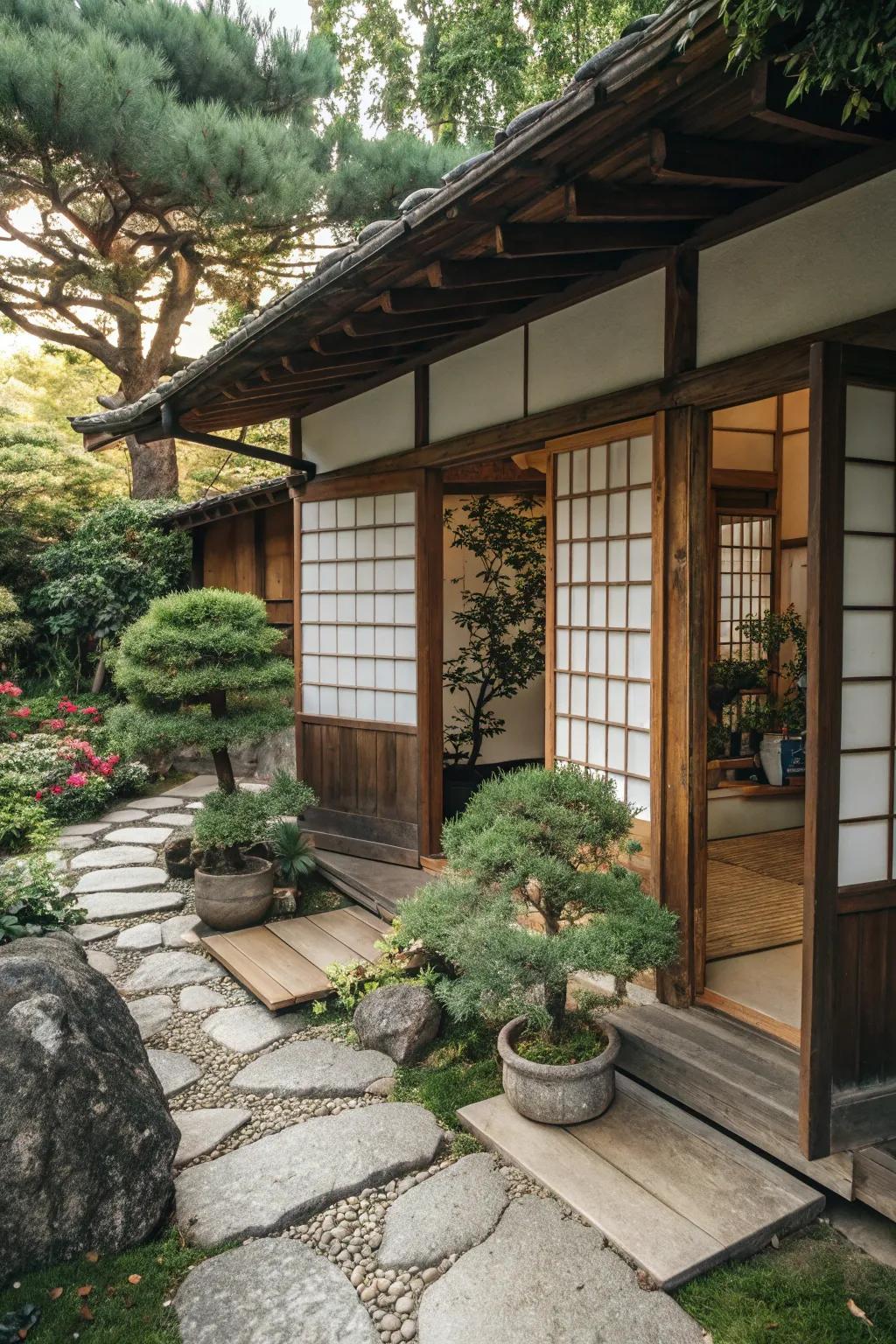 A Japanese-style cabana with Shoji screens and bonsai plants, offering a serene retreat.