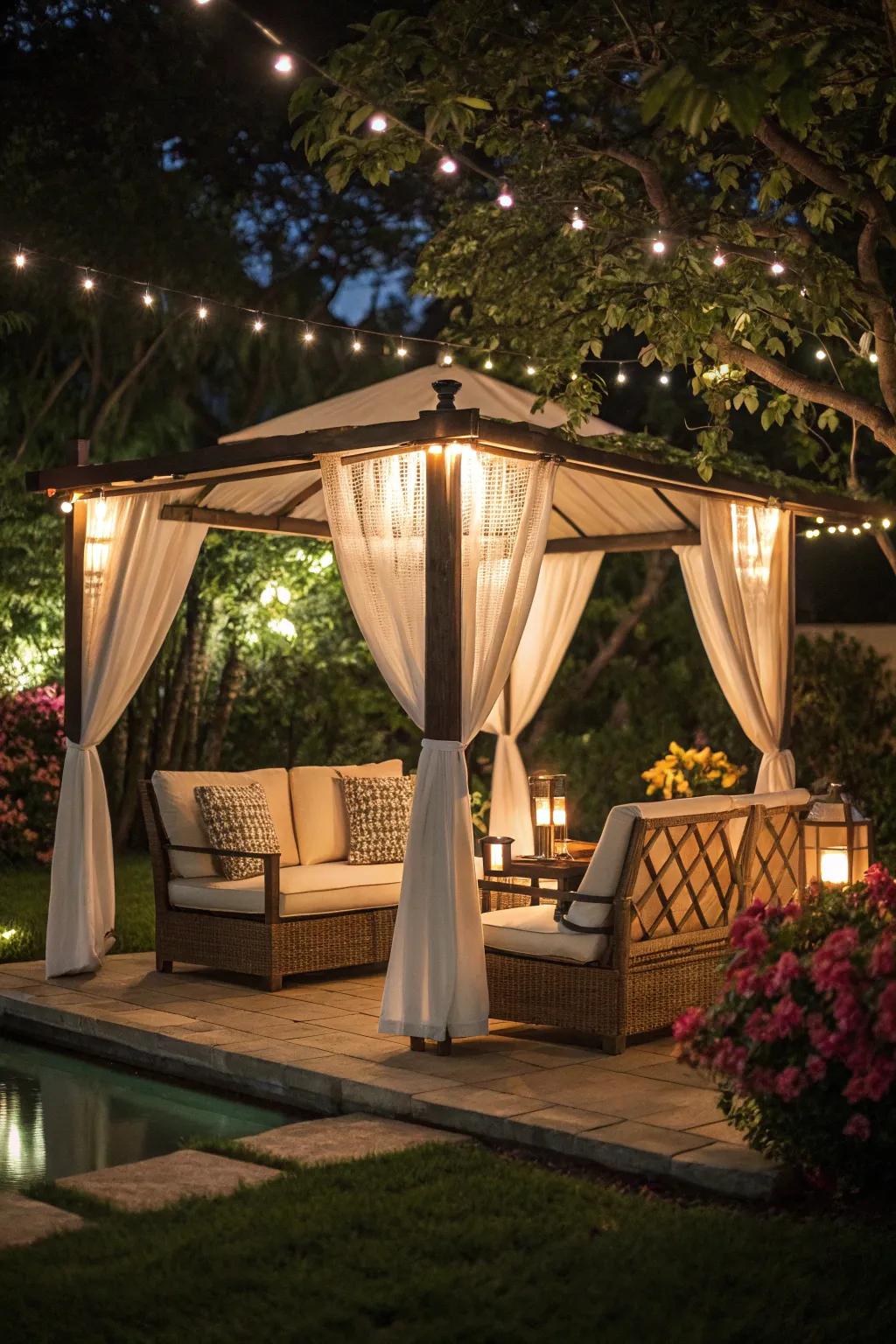 String lights create a magical evening atmosphere.