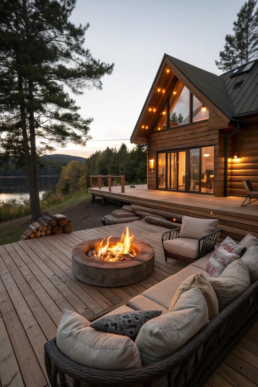 A sleek built-in fire pit enhancing the cabin's outdoor space.