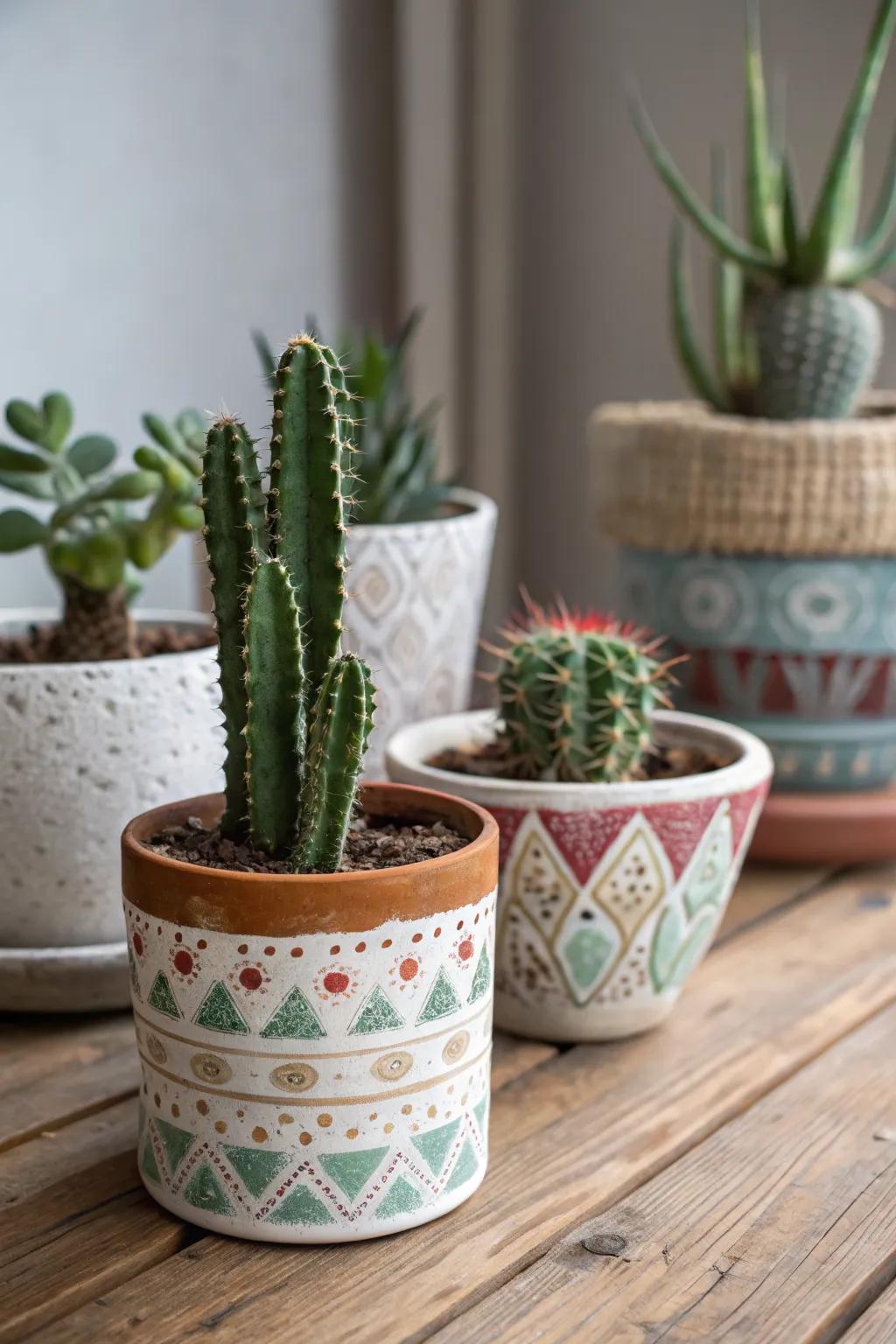 Creative pot choices make cacti arrangements stand out.