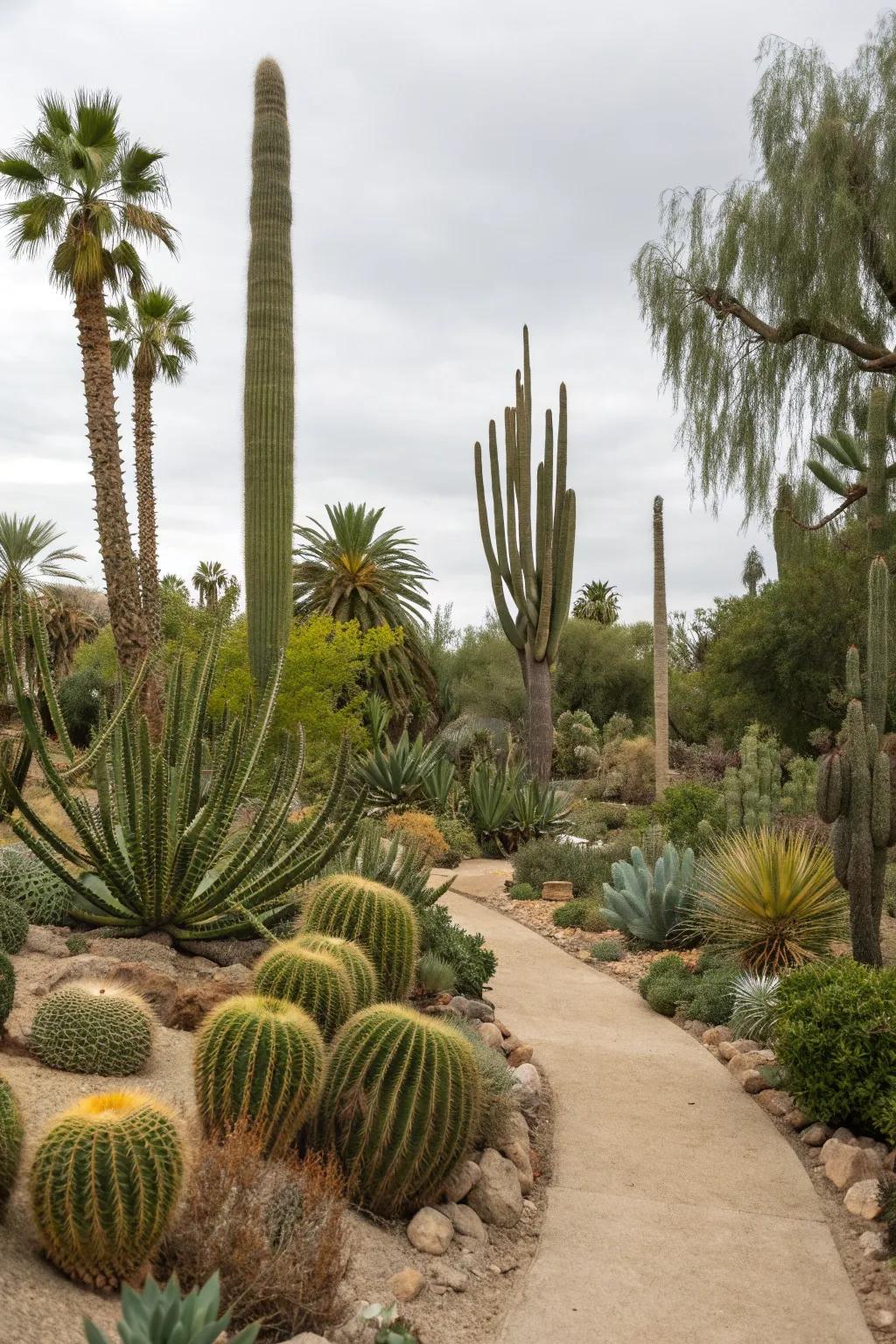 A dramatic desert-themed garden with cacti and agave.