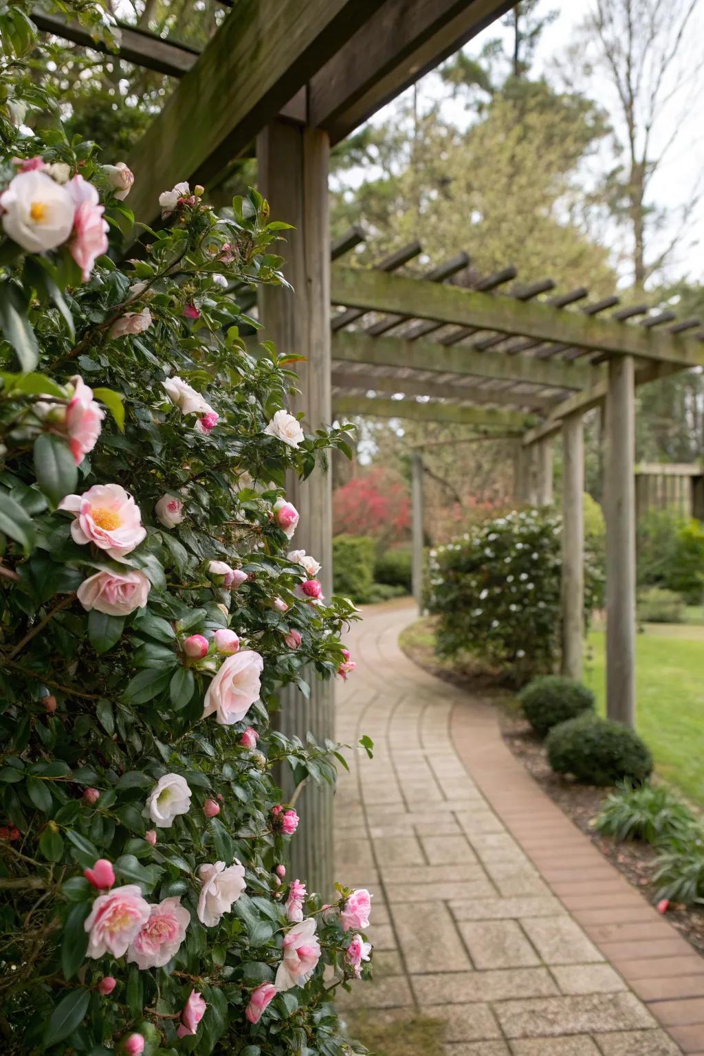 Camellias paired with a pergola create a living artwork.