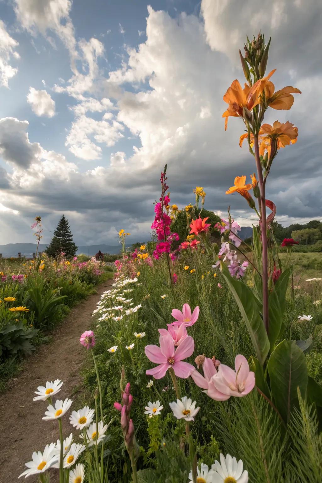 Create a whimsical garden with canna lilies and wildflowers.
