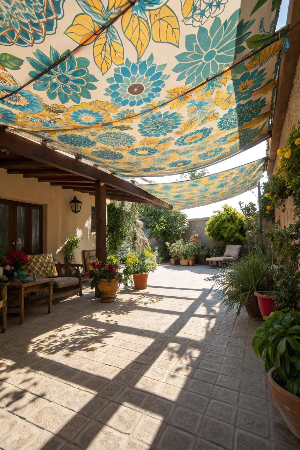 A colorful fabric canopy brings vibrant energy and shade to the patio.