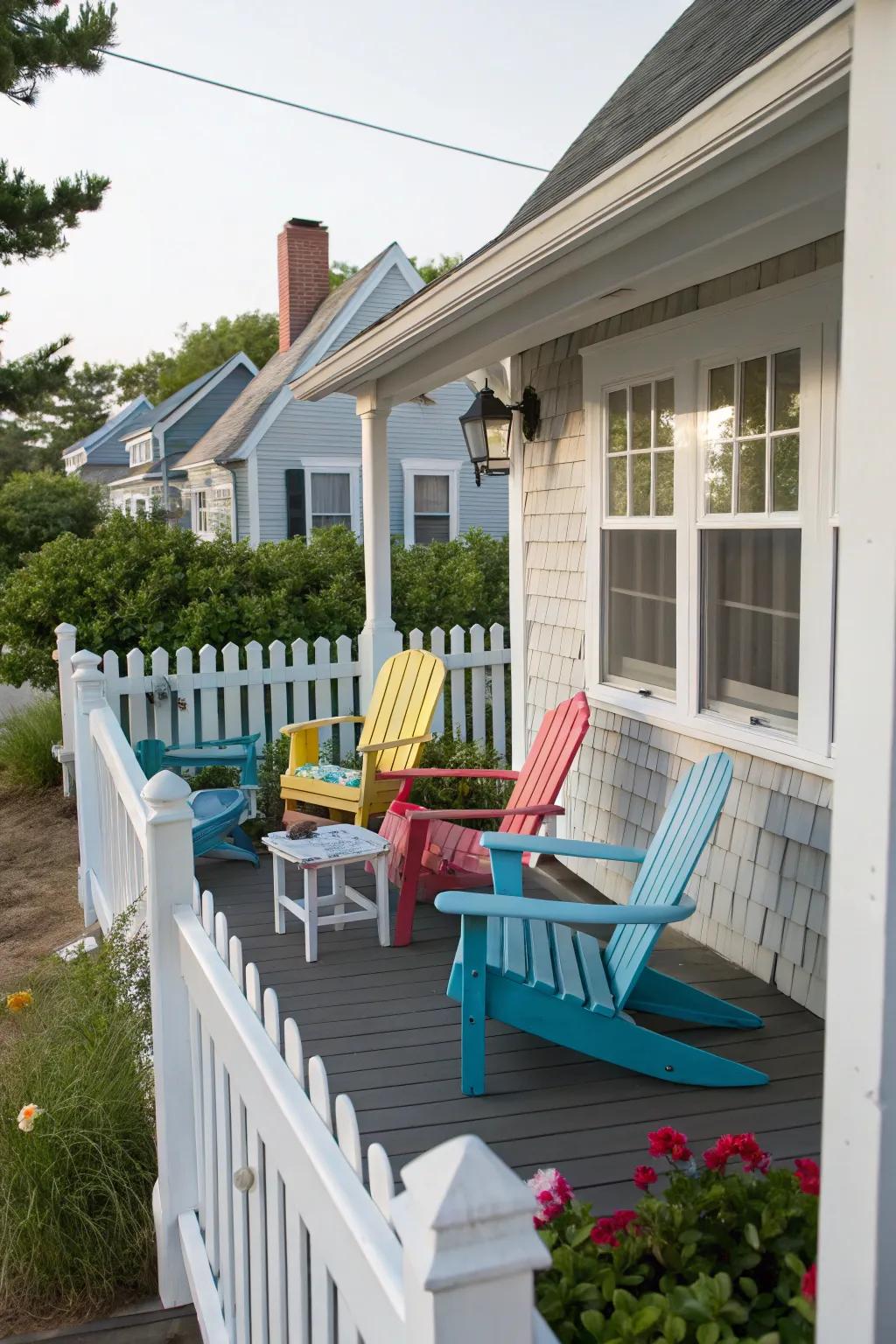 Adirondack chairs adding color to a Cape Cod porch.
