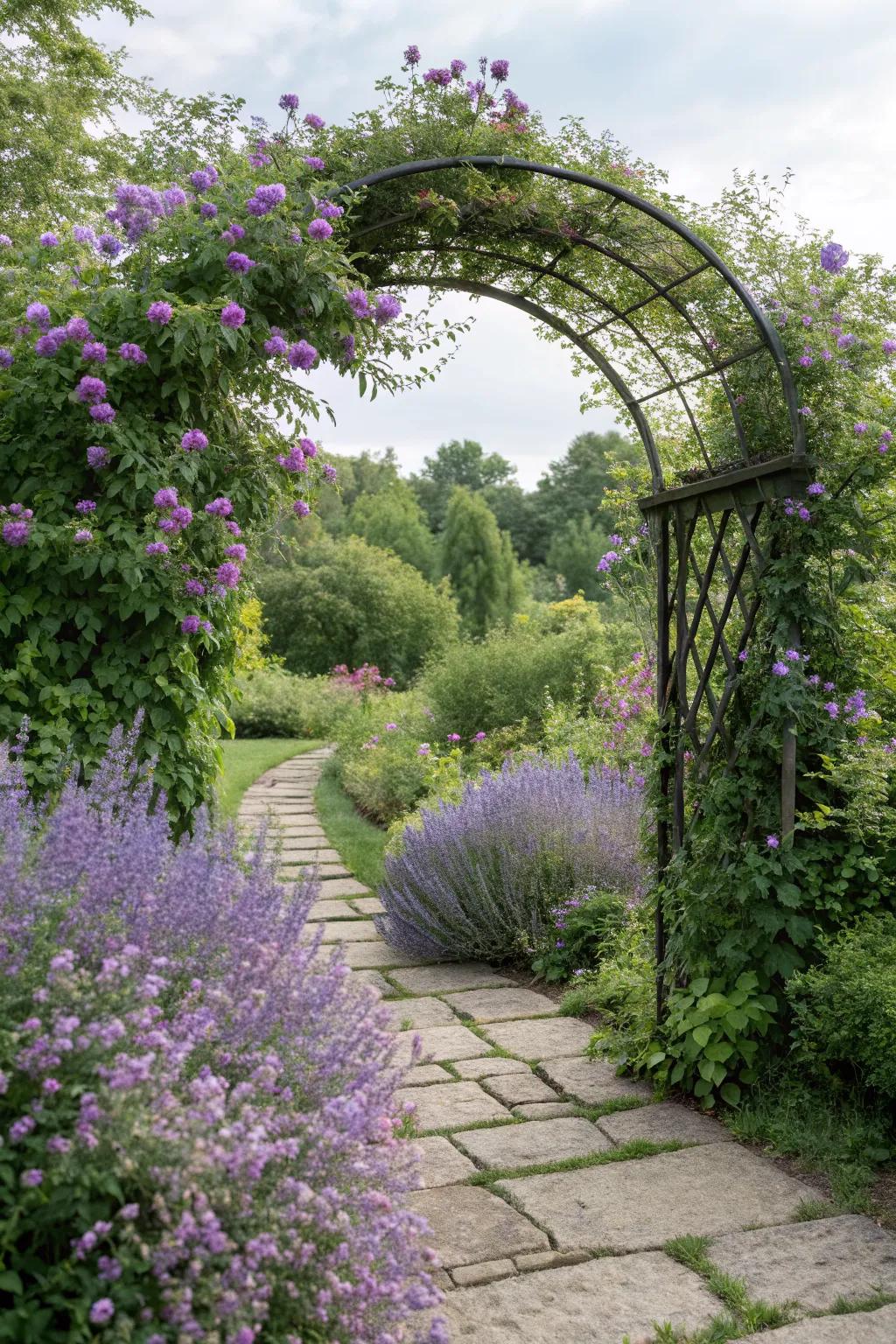 Catmint adding whimsy around a garden arch.