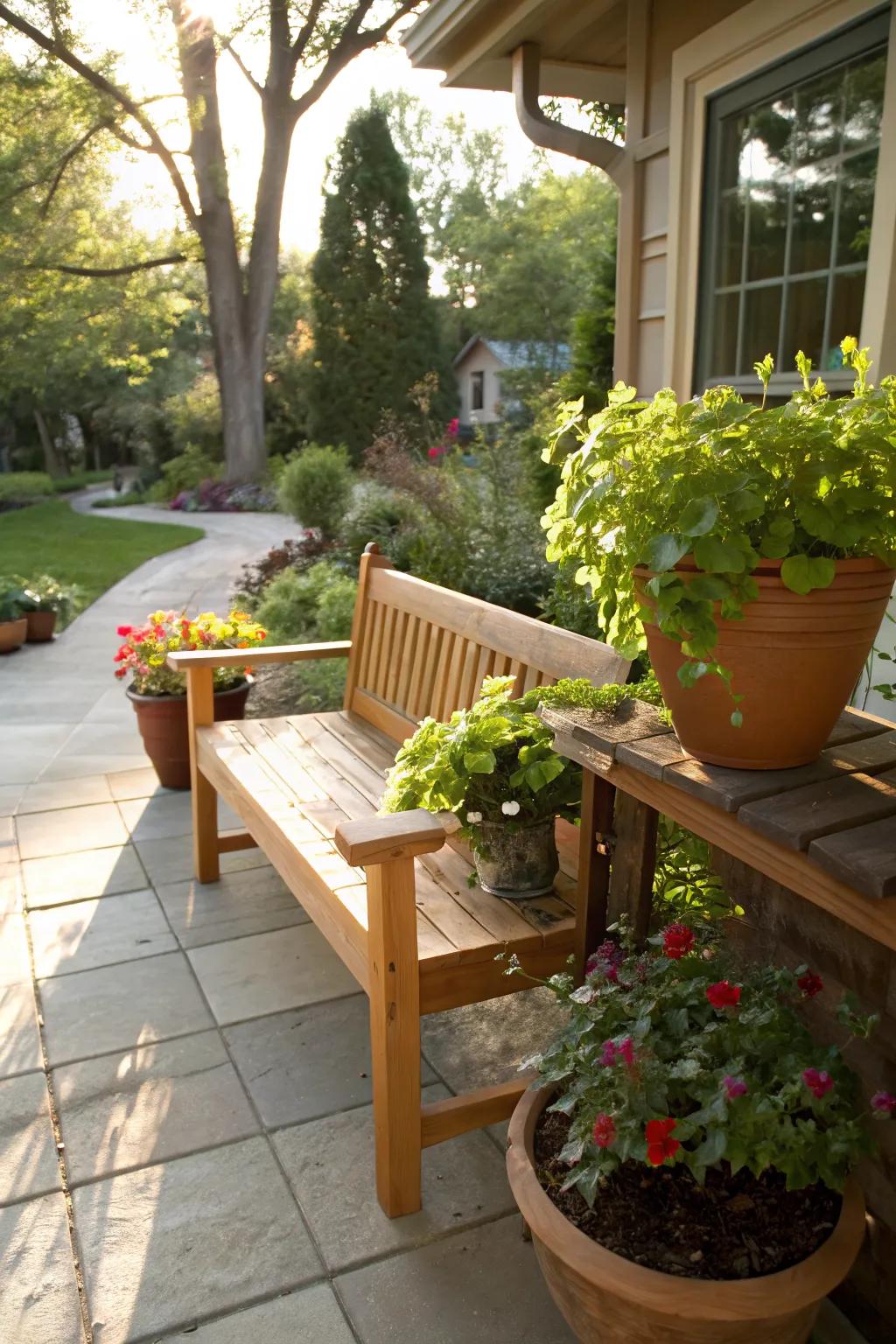 A cedar bench becomes the centerpiece of a welcoming patio.