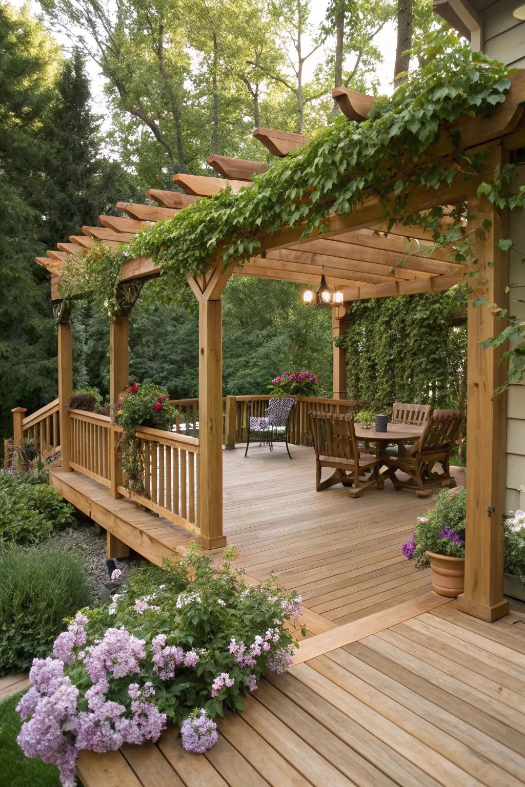 A pergola adds elegance and shade to this cedar deck.
