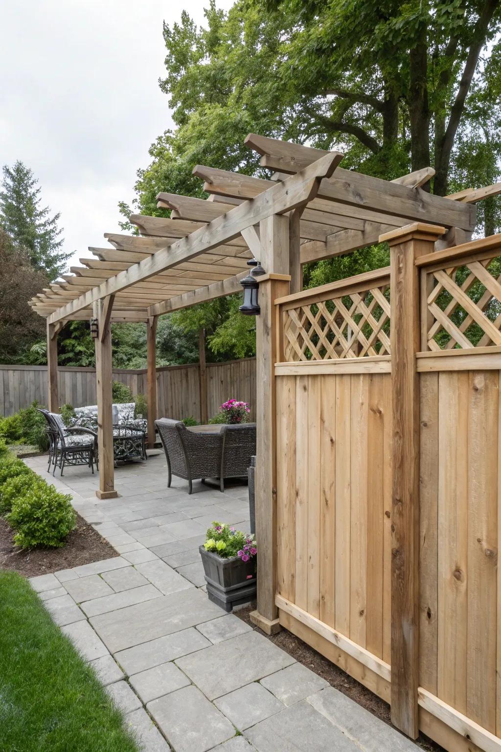 Cedar fence with a pergola for added architectural charm.
