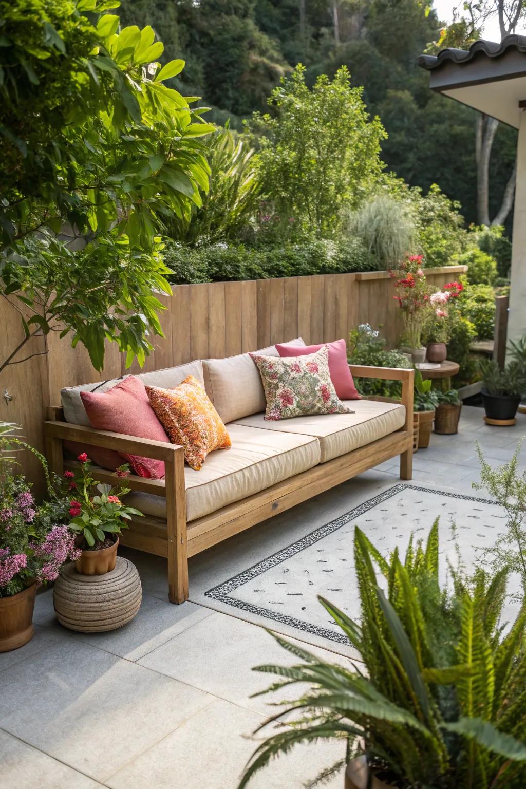 Cedar outdoor sofa offering relaxation in the garden.