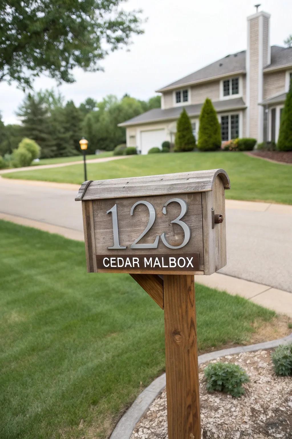 Personalized house numbers give this cedar mailbox a unique touch.