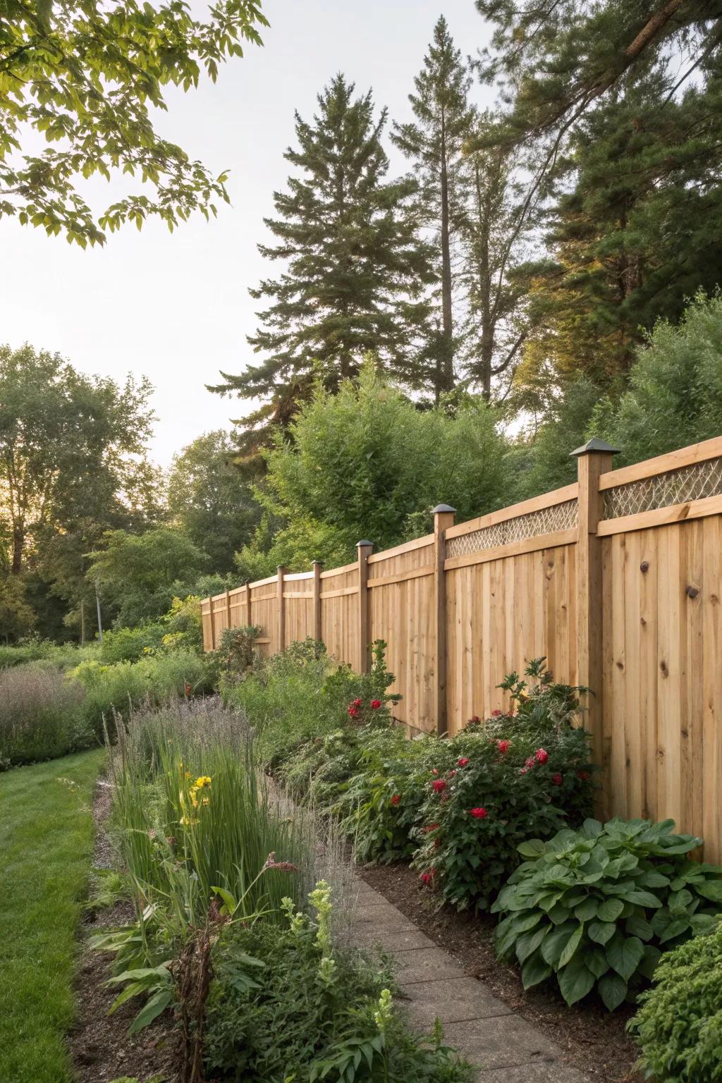 A cedar fence that seamlessly integrates into natural surroundings.