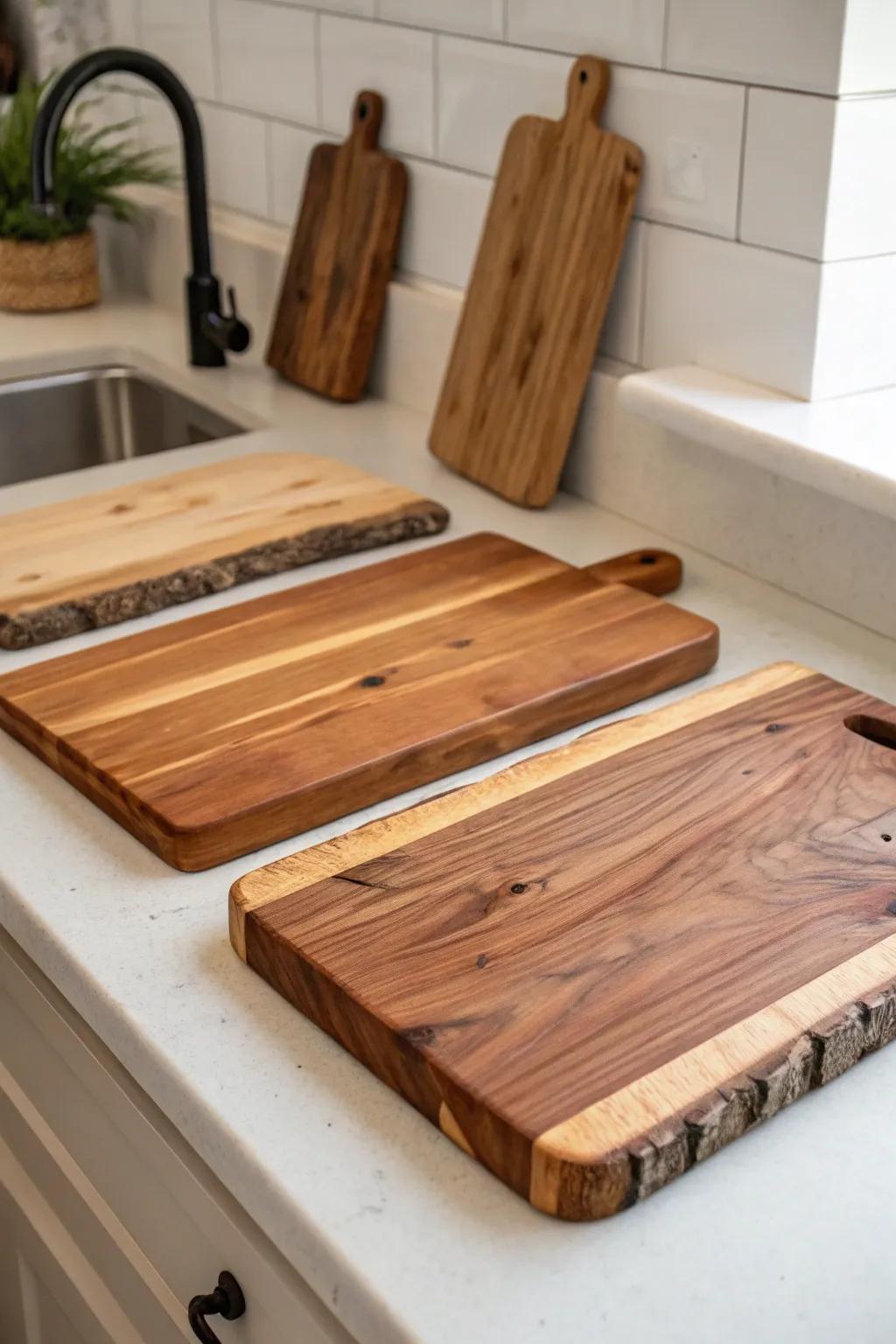 Unique cedar slab cutting boards in a kitchen setting.